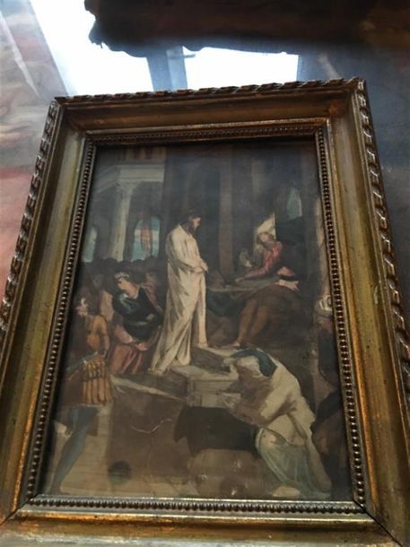 Null École FRANCAISE du XIXe siècle. 
Jésus devant Pilate. 
Aquarelle. 
(Déchiru&hellip;