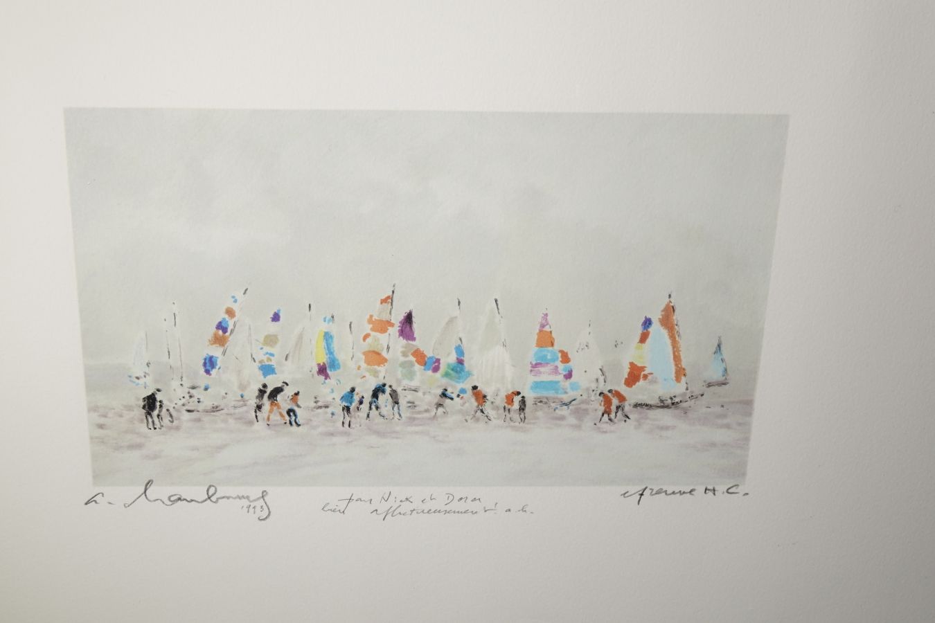 Null HAMBURG André (1909-1999)

海滩上的帆船学校

彩色石版画，竞争中打样，献给"尼克和朵拉1993"。

15.5x27厘米