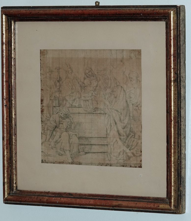 Null 18世纪的法国学派，仿照大师。

寺庙里的演讲

铅笔画放在瓷砖上，贴好（有胶水的痕迹）。

左下角有收藏家的标记。

20.5 x 20厘米