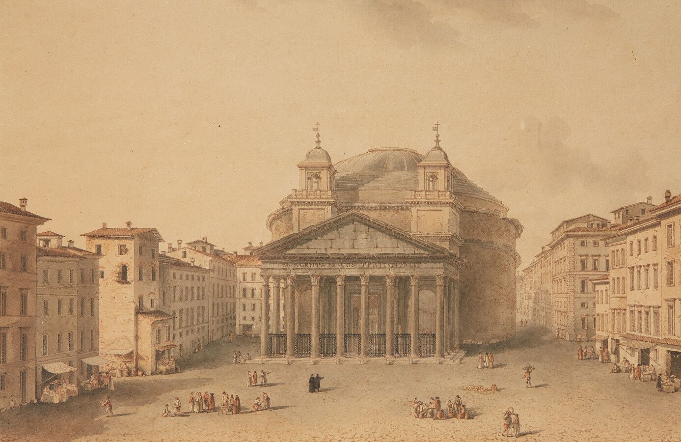Null 尼科勒-维克多-让（1754-1826），罗马万神殿广场景观，水彩、钢笔和棕色墨水 高度：20.5厘米；宽度：31厘米左下角有签名，贴满了，略带阳光。