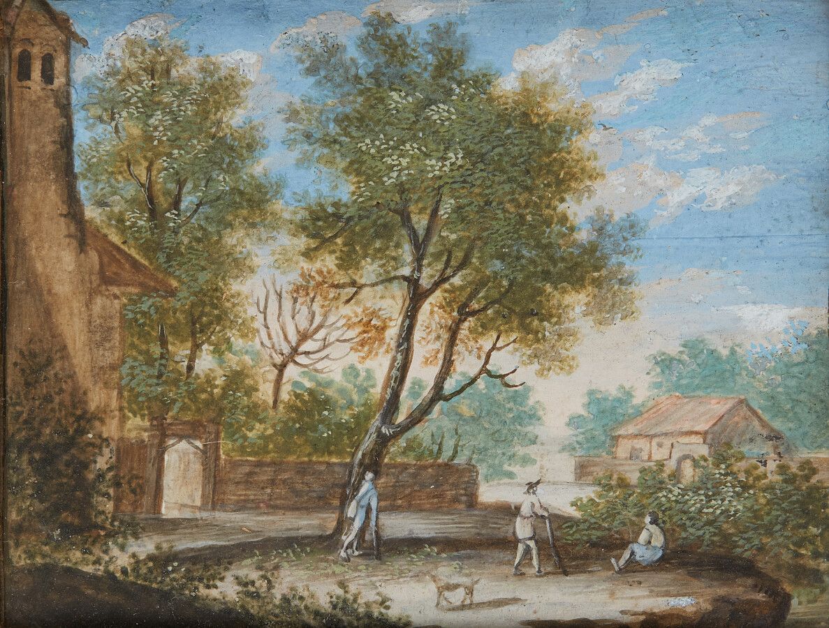 Null Ecole française du XVIIIe siècle,

Paire de paysages animés,

Gouaches,

Ha&hellip;