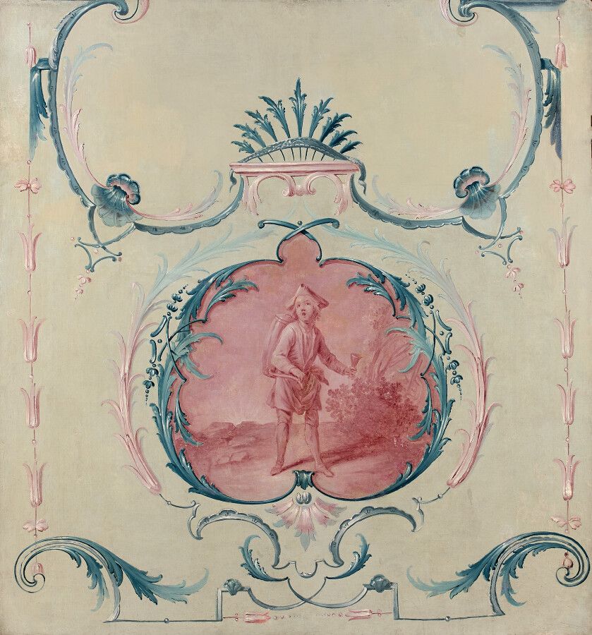 Null 归属于Jean Baptiste OUDRY（1686 - 1755）。

粉红色浮雕的小水车在蓝色和粉红色的阿拉伯式装饰中。

帆布

无框架

高&hellip;