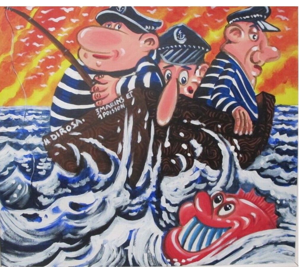 Null DI ROSA Hervé (né en 1959) 

"3 marins et 1 poisson"

Huile sur toile signé&hellip;