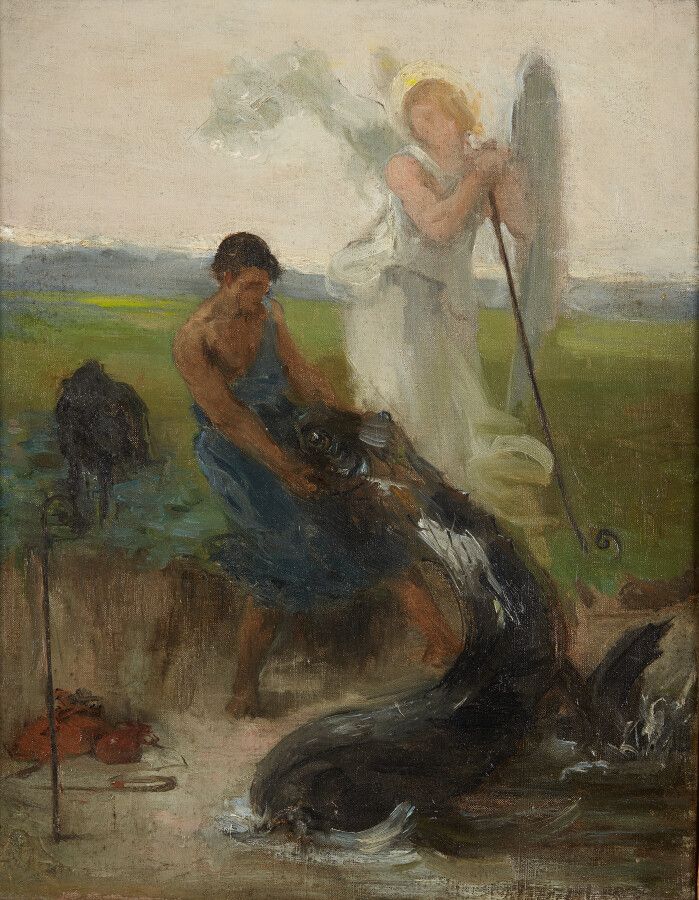 Null 德兰斯-保罗-路易(1848-1924)

研究：托比、天使和鱼

布面油画，右下角有签名的痕迹。

高度：41厘米。41厘米；宽度：32.5厘米