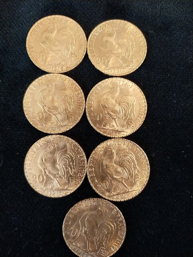 Null 法国 - 7枚20法郎金质玛丽安硬币，第三共和国（1910, 1912, 1913, 1914）。



重量：45克。