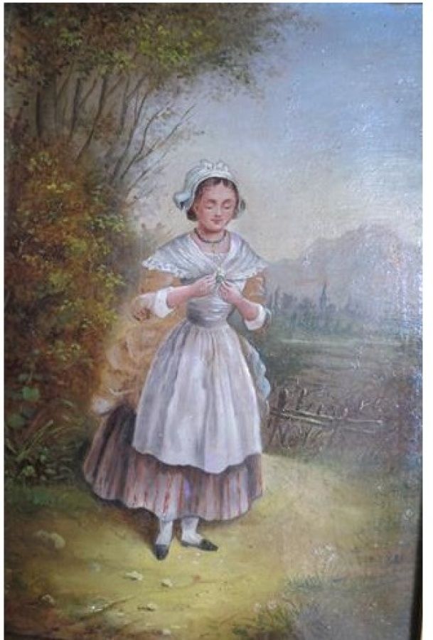 Null 瑞士学校。

戴着蕾丝帽子的年轻女孩。

布面油画。

24 x 17 cm