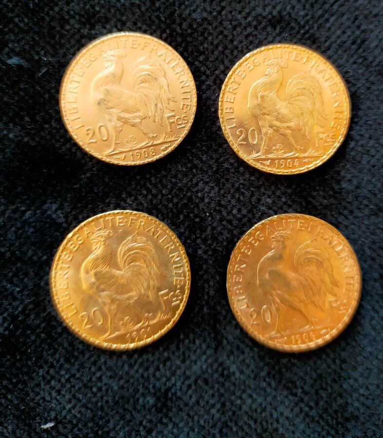 Null 法国 - 4枚20法郎金质玛丽安硬币，第三共和国（1901, 1904, 1906, 1908）。



重量：25.70克。