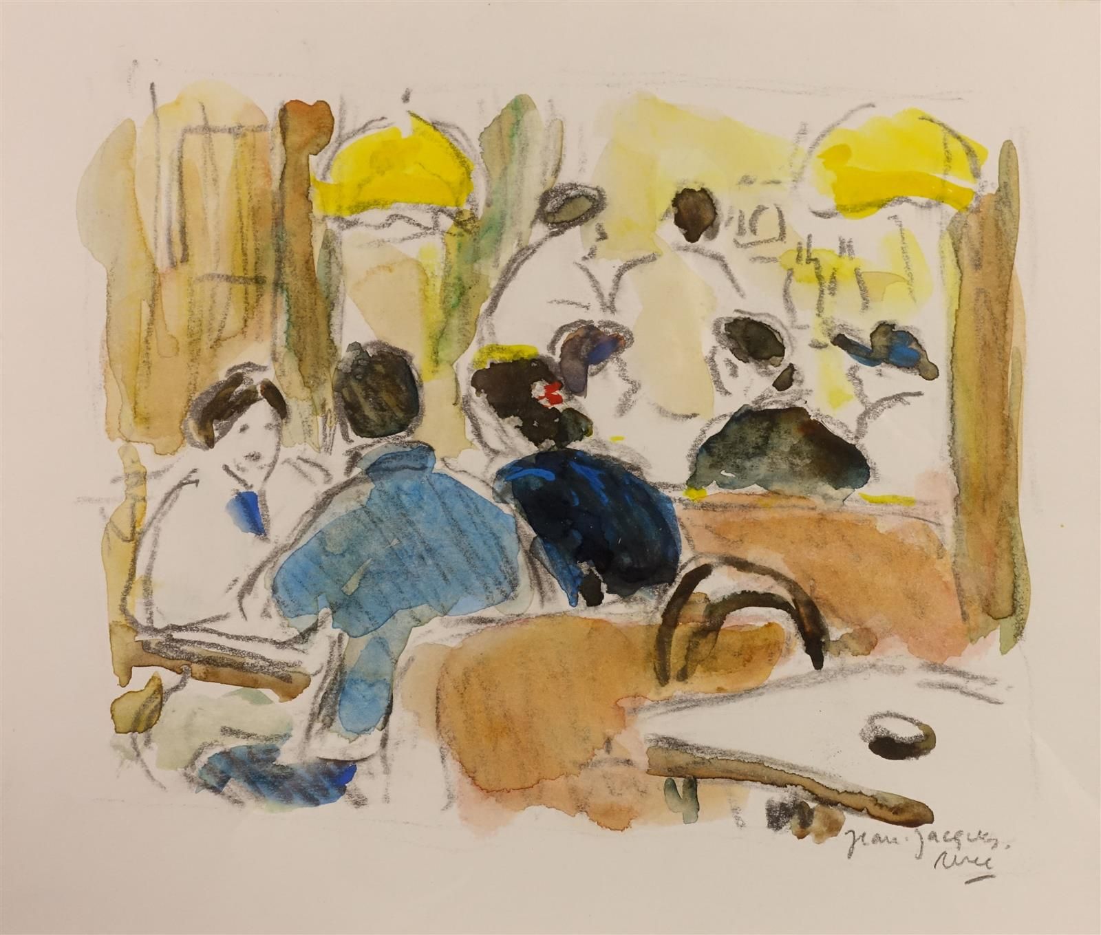 Null RENE Jean-Jacques (生于1943年) "Personnages dans un café" 水彩画，右下方有签名。高度：16.4厘米&hellip;