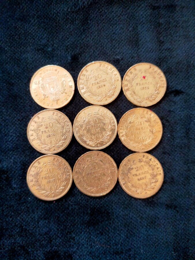 Null FRANCE - 9 coins 20 Francs gold Napoleon III 



Weight : 57,60 g.