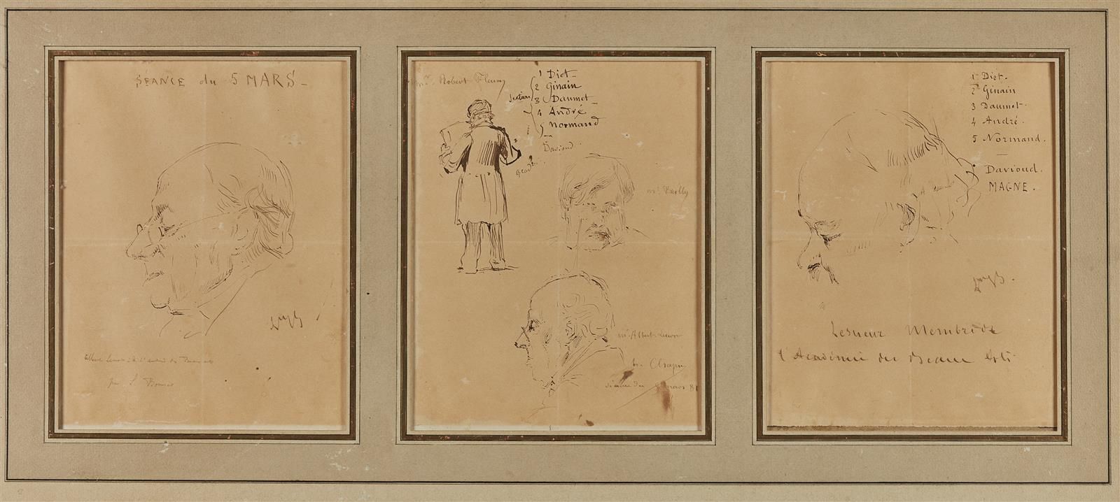 Null 19世纪末的法国学校。"Académie des Beaux-Arts成员的肖像"。钢笔和棕色墨水，三张纸粘在同一个支架上，有BONNAT的单字和CH&hellip;