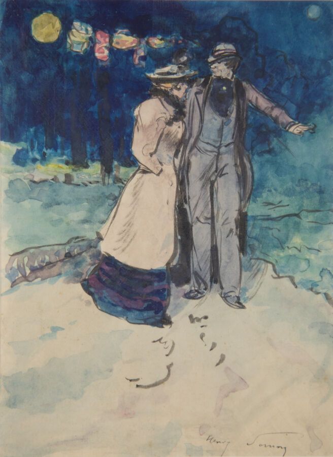 Null 索姆-亨利(1844-1907)

灯笼下的情侣

钢笔和水彩画，右下方有签名

高度：20厘米20 ; 宽度 : 14,5 cm

展览。

- A&hellip;
