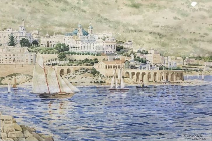CHARLET Franz (1862-1928) 
Vue de Monaco 
Aquarelle, signée et située en bas à d&hellip;