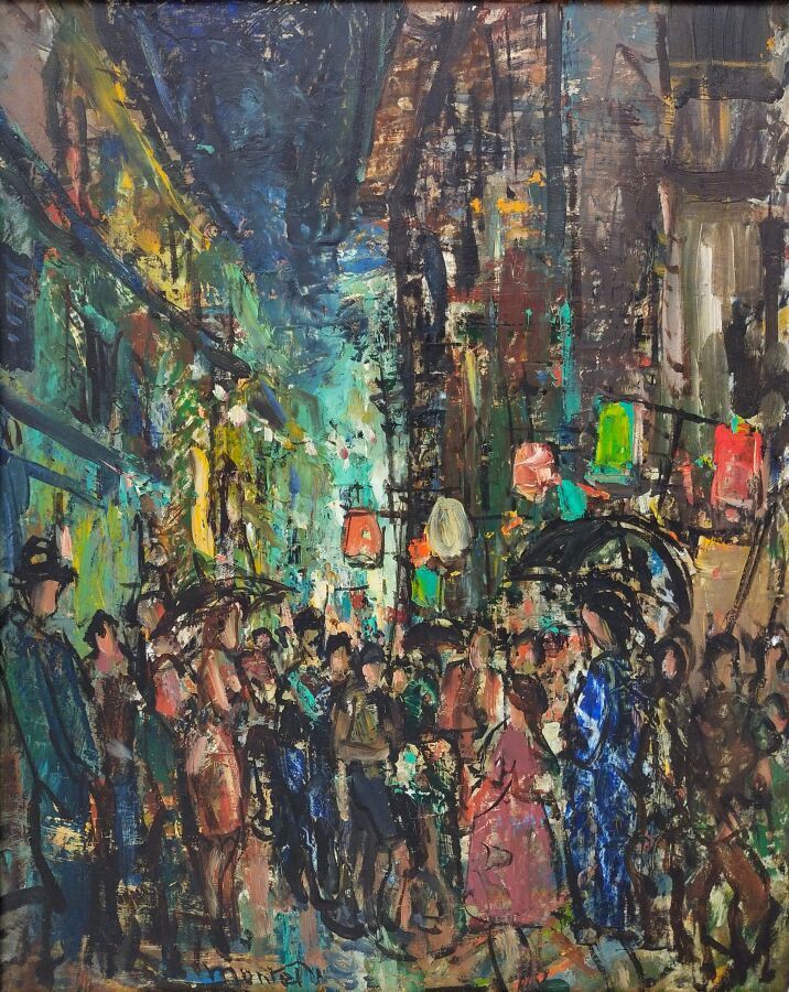 Null 蒙泰-莫里斯 (1905-1997)

"夜晚的游行"。

板面油画，左下方有签名，背面有标题

高度：46厘米46；宽度：38厘米