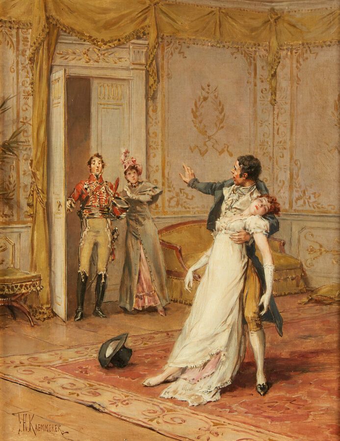 Null 凯梅尔-弗雷德里克-亨德利克（1839-1902）

有四个人物的室内场景："昏倒的年轻女子

布面油画，左下方有签名。

高度高39.5厘米，宽31&hellip;