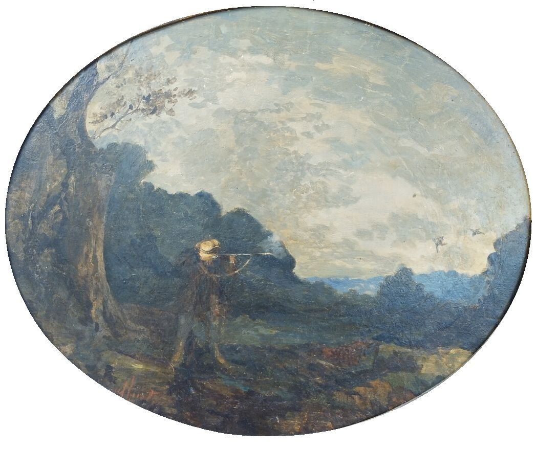 Null 约1900年的法国学校

猎人》和《有湖的风景》。

两块板子在伊索尔上形成一个吊坠

椭圆形视图，37 x 45厘米