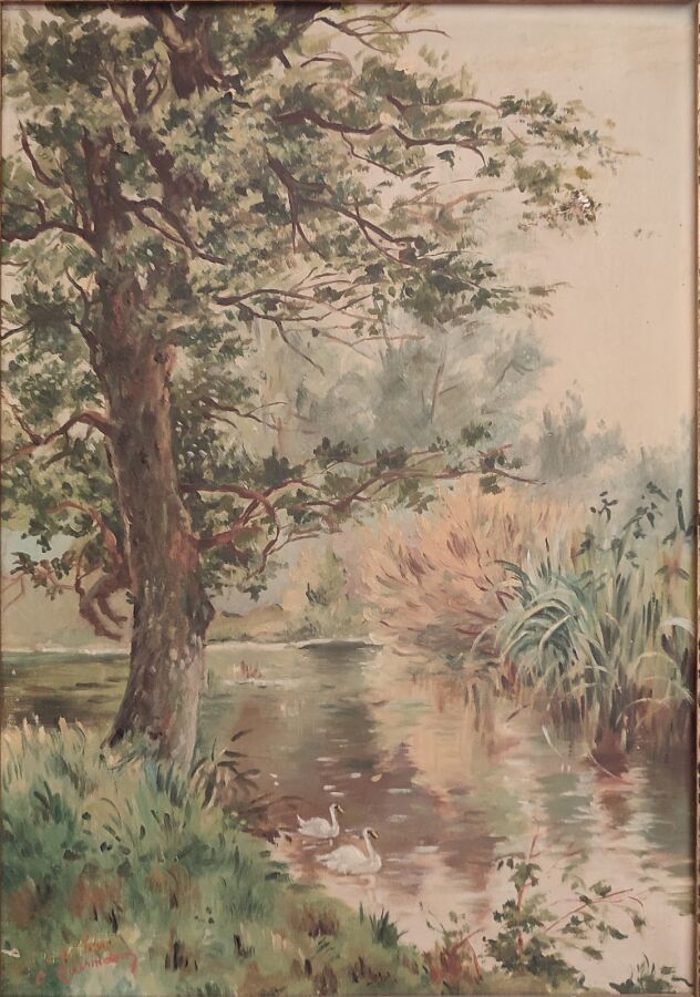Null GASSIMONI G. 

Landscape with swans

Oil on canvas 

Height : 44 : 44 ; Wid&hellip;