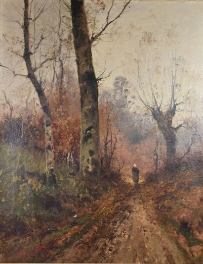 Null 巴比松画派的风格，19世纪末

灌木丛中的风景

布面油画

高度：92厘米92；宽度：73厘米

(事故和缺失的部分)