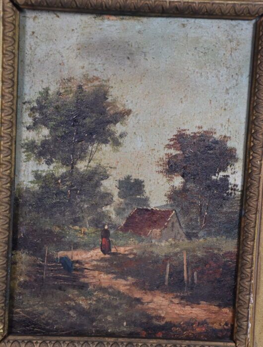 Null MODERNE SCHULE 

Szene aus einem Dorf 

Öl auf einer Tafel. 

H. : 22 ; Bre&hellip;