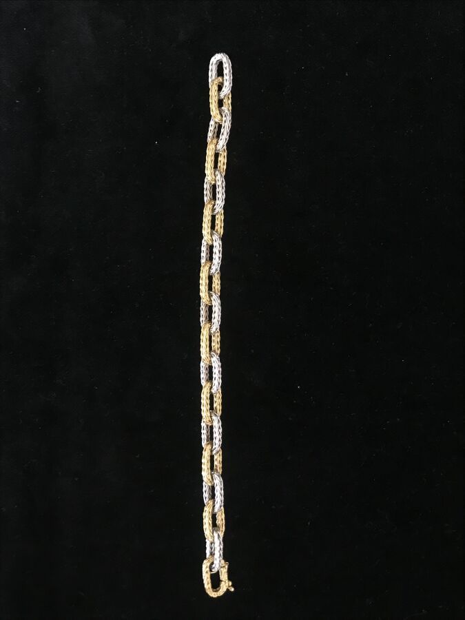 Null 铰链式手镯，椭圆形的链节由千分之七十五的黄金和白金交替开出。
长度： 17,5 cm
毛重 : 24,1 g