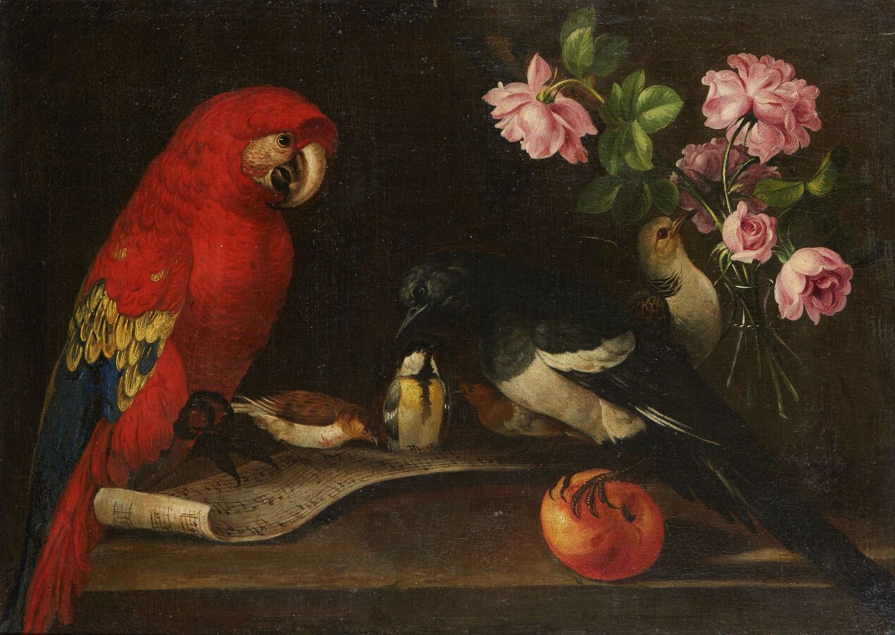 Null 18世纪的法国学校
鹦鹉和玫瑰花瓶的静物画
布面油画
高度：47厘米47；宽度：64,8厘米