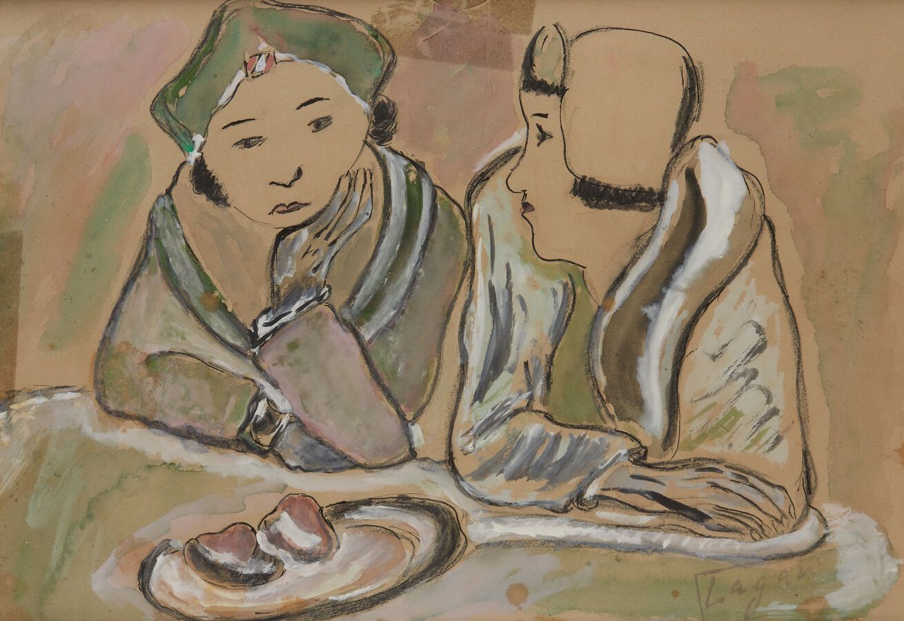 Null LAGAR Celso (1891-1966)
靠在一起的女人
水彩画和水粉画，右下角有签名章
高25；宽37厘米（视图）