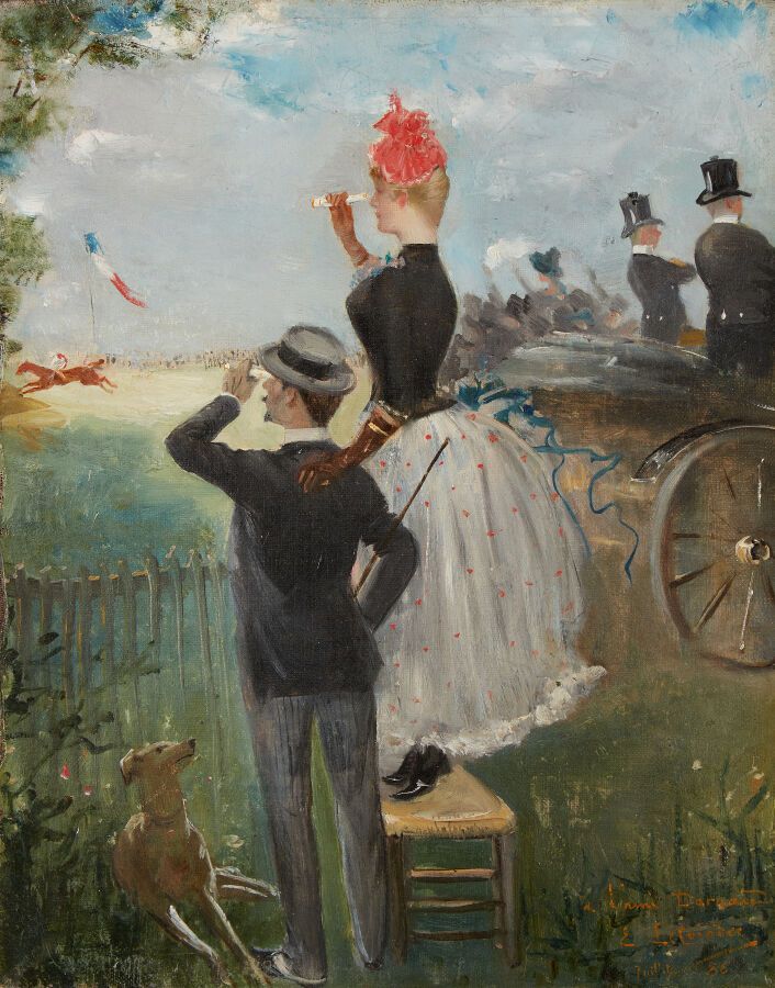 Null LECOINDRE Eugène Étienne François (19世纪)
赛场上的优雅 
布面油画，右下角签名，寄给 "l'ami Darga&hellip;