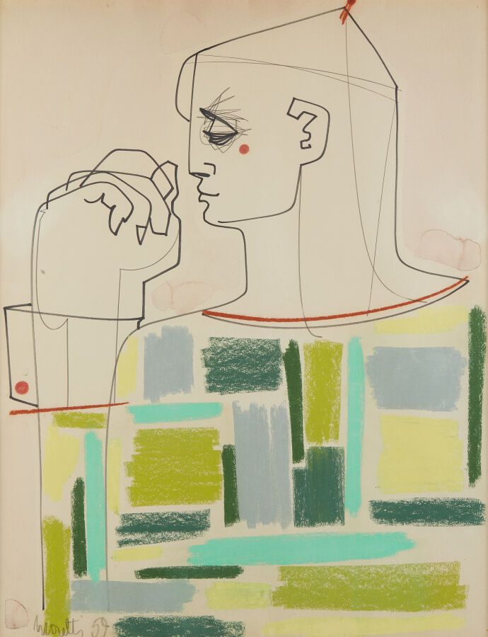 Null 莫里蒂-雷蒙德(1931-2005)
脸部轮廓
油性铅笔和毛笔绘制，已签名并注明日期59
高49；宽64厘米（视图）