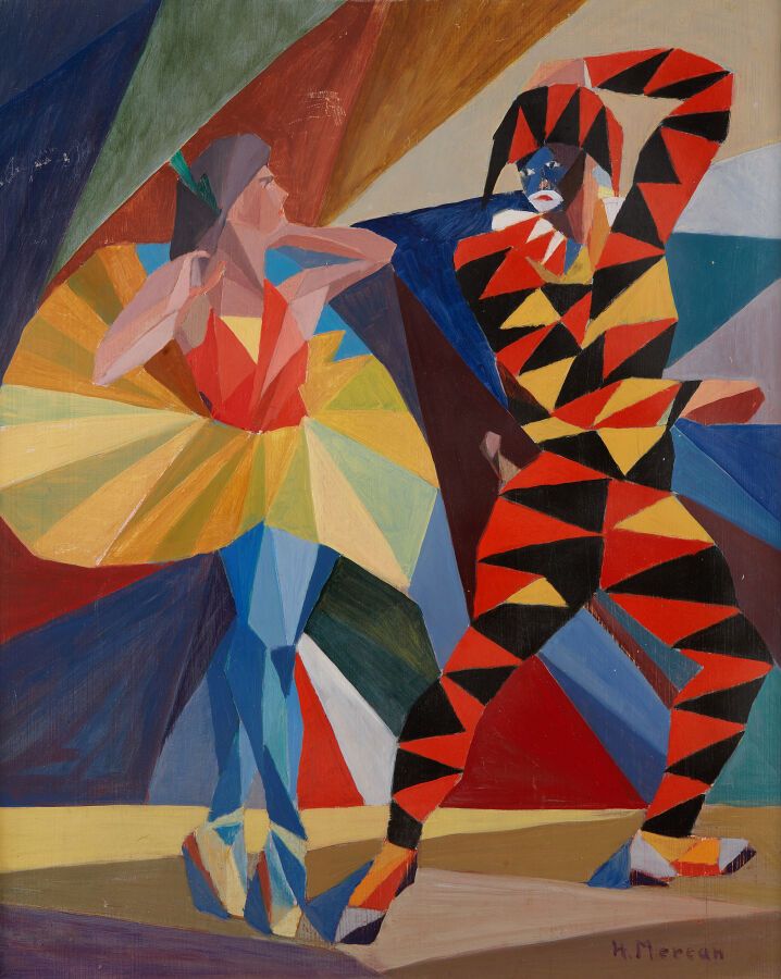 Null 梅尔坎-哈桑-胡鲁西(1913-1988)
芭蕾舞场景与哈雷金
等高线上的油画，右下方有签名
高度：61厘米61厘米；宽度：50厘米