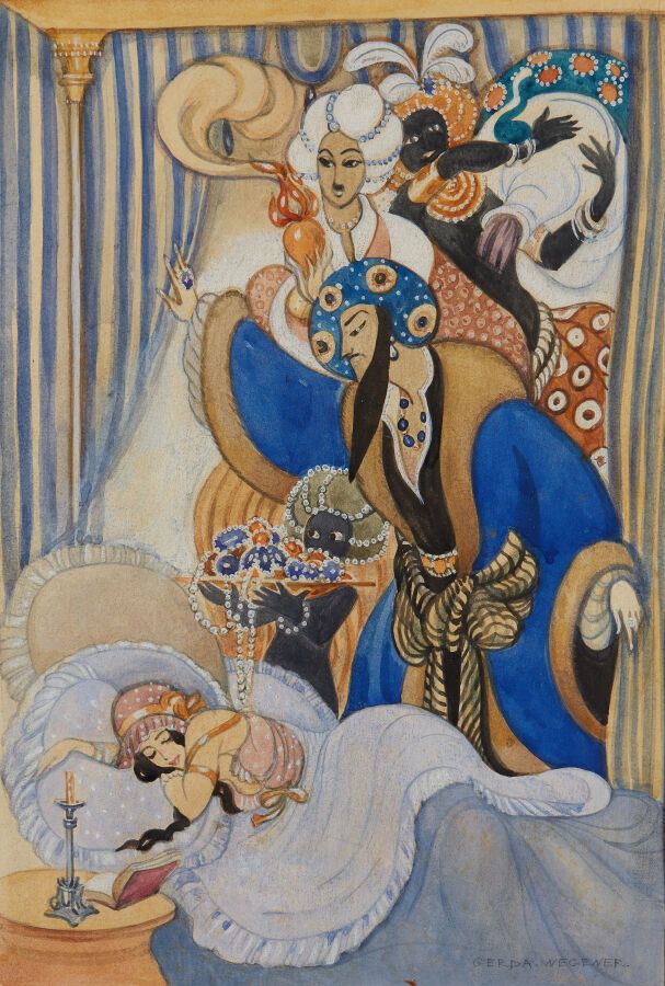 Null 韦格纳-格达 (1885-1940)
沉睡的苏丹娜
水彩和水粉画，右下角有签名
高33.5；宽22.5厘米