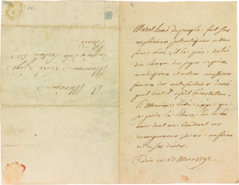 MARAT Jean-Paul. 1743-1793 Lettre autographe signée commençant par"Marat l'ami d&hellip;
