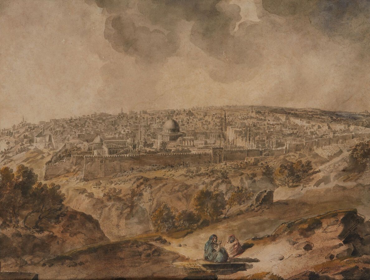 Null 奥古斯特-德-福尔宾伯爵（1777-1841 年）
耶路撒冷景色
钢笔和黑色墨水、灰水粉和水彩，左下方有笔背签名，位于纸盒中央下方空白处，"从约瑟夫山&hellip;