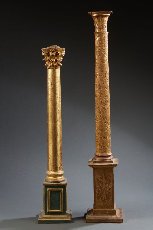Null Deux pieds de lampe en bois sculpté et doré figurant des colonnes corinthie&hellip;