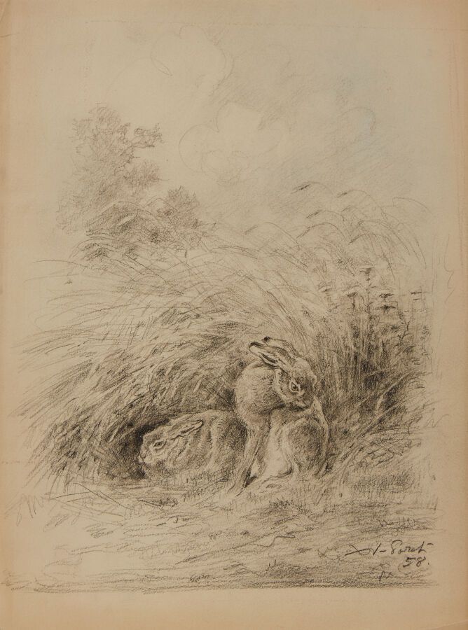 Null 作者：泽维尔-波雷（1894-1975）
高草丛中的两只野兔
炭笔和彩色铅笔，签名并注明日期 1958 年 
31.8 x 23.6 厘米