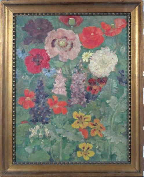 École FRANÇAISE du XXe siècle "Massif de fleurs". Huile sur panneau. 40,5 x 31,5&hellip;