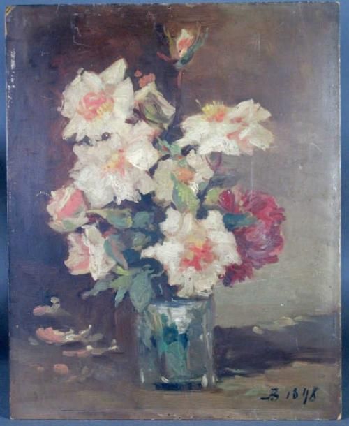 École FRANÇAISE du XXe siècle "Vase de fleurs". Huile sur carton, signée et daté&hellip;