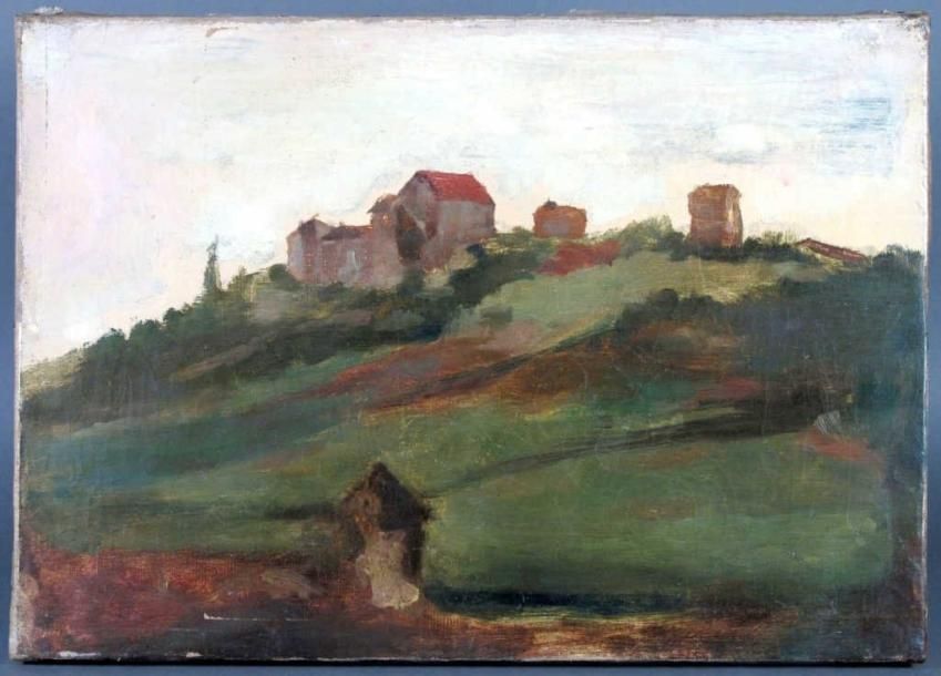 École FRANÇAISE du XXe siècle "Hameau sur une colline". Huile sur toile. Haut.: &hellip;