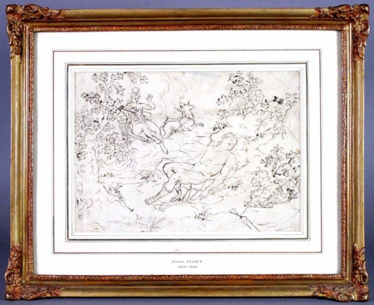 ÉCOLE FRANÇAISE de la fin du XVIIe siècle "Vénus et Adonis". Plume et encre brun&hellip;