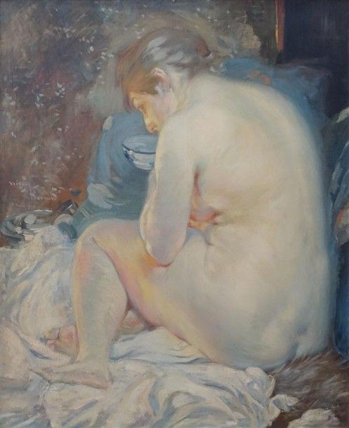 BESNARD Albert (1849-1934) "Femme se chauffant", Paris 1908 Huile sur toile, sig&hellip;