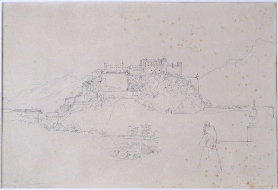 École ALLEMANDE du XIXe siècle "Vue du Château de Salzburg", 1838 Crayon noir, s&hellip;