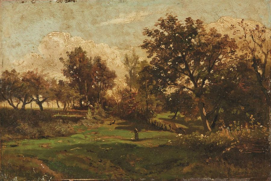 Null DAUBIGNY Karl-Pierre (1846-1886)	
"Paysage de campagne"
Huile sur panneau, &hellip;