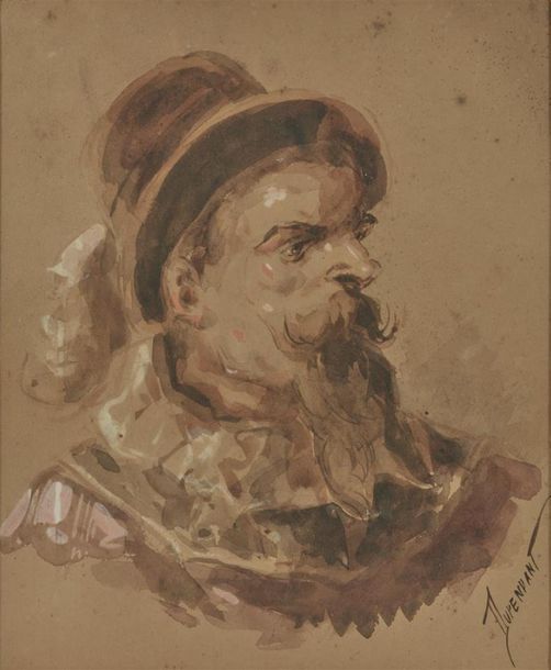 Null DUPENDANT (XIXe siècle)
"Portrait d'homme barbu au chapeau"
Aquarelle et go&hellip;