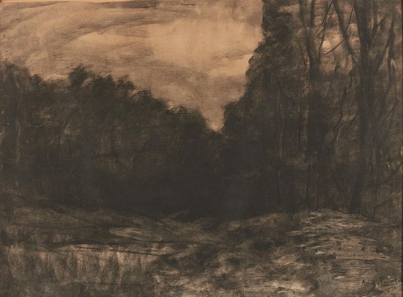 Null POINTELIN Auguste (1839-1933)
"Paysage au torrent"
Fusain sur papier, signé&hellip;