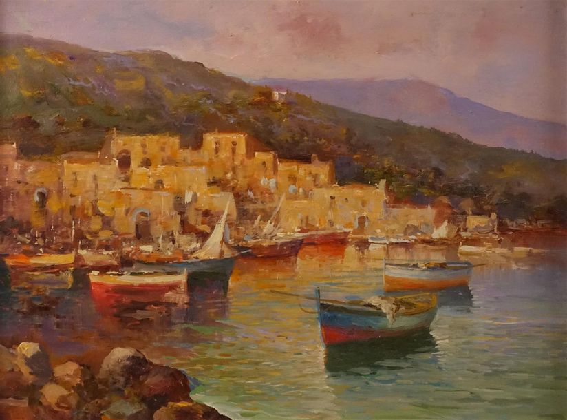 Null BRIANTE Ezelino (Naples 1901-Rome 1971) "Le port de Capri" Huile sur toile,&hellip;