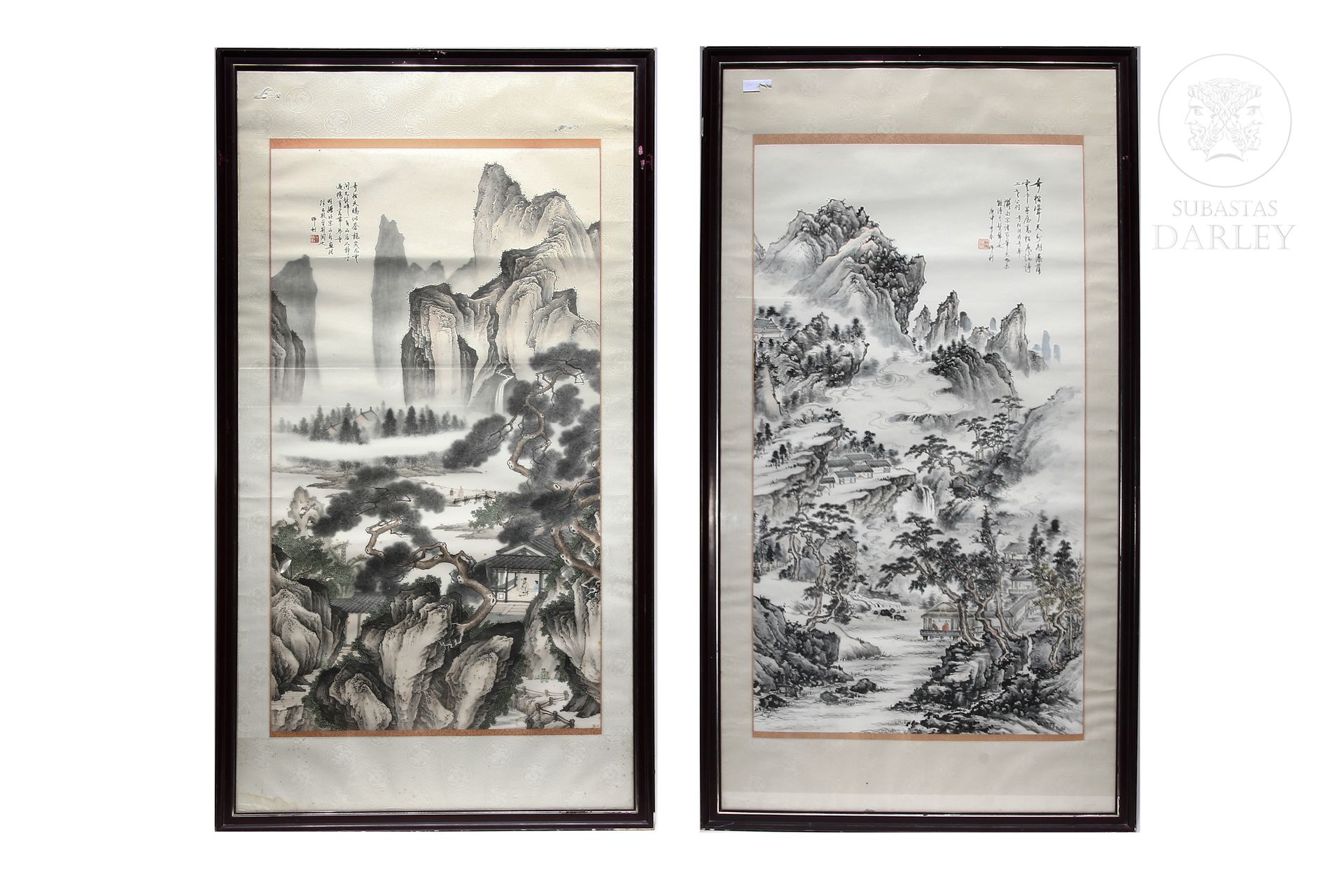 Pareja de grandes pinturas, China, s.XX 
Pareja de dibujos en acuarela sobre pap&hellip;