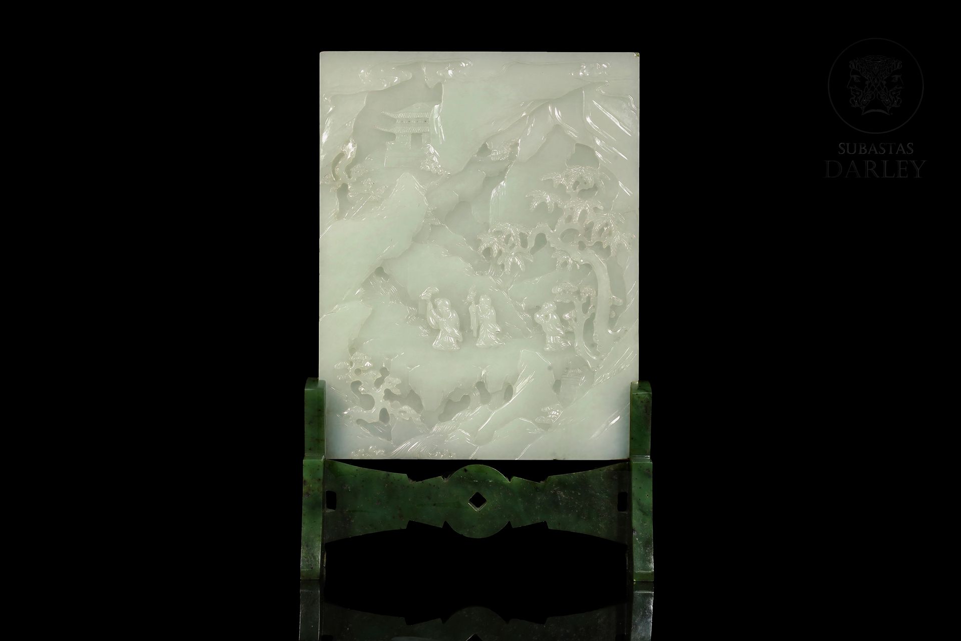 Panel de jade con relieves, dinastía Qing 
Panneau rectangulaire en jade sculpté&hellip;