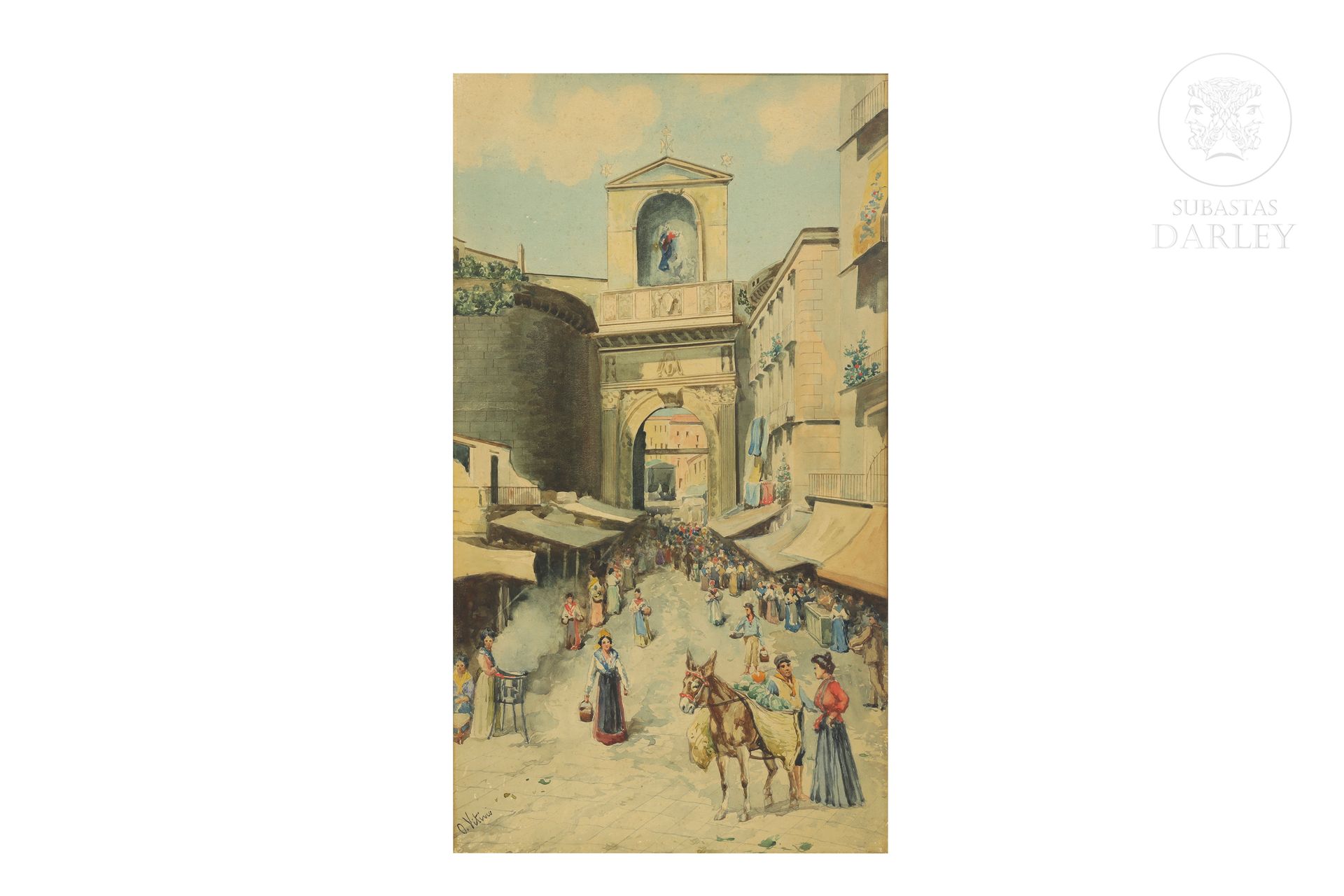 Escuela napolitana S.XIX "Vista de la Porta Capuana" 
Aquarelle sur papier. Sign&hellip;