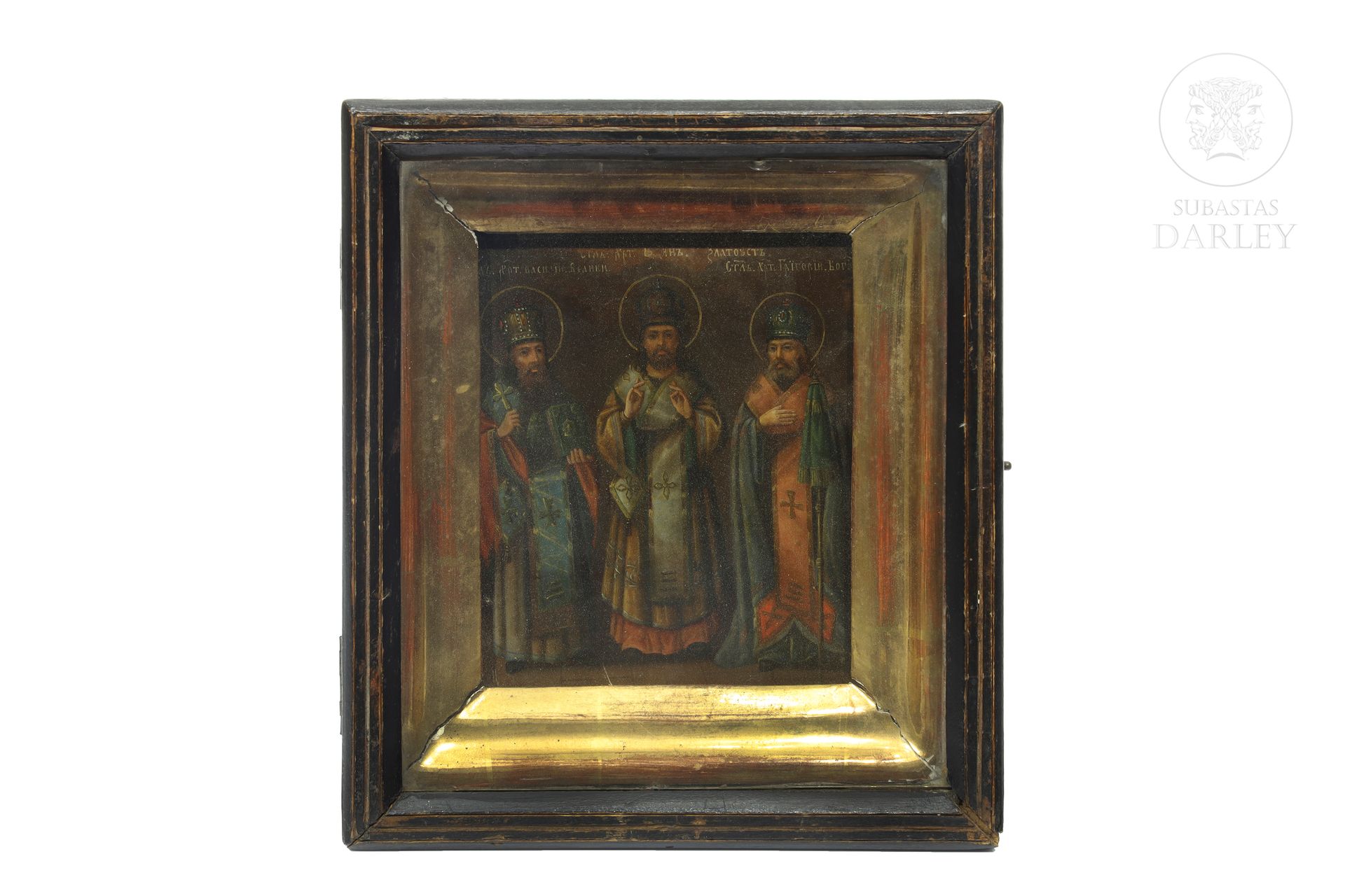 Icono ortodoxo, S.XIX "Santos" 
Huile sur panneau. Dans un cadre et une boîte do&hellip;