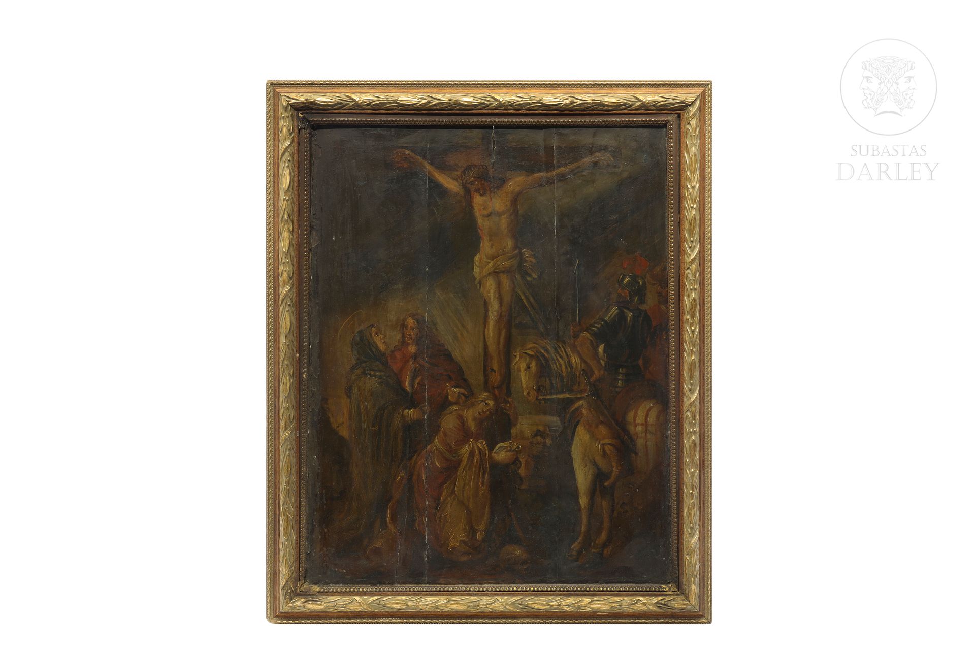 Anónimo, S.XVII "Cristo crucificado en el calvario" 
Huile sur panneau.


Dimens&hellip;