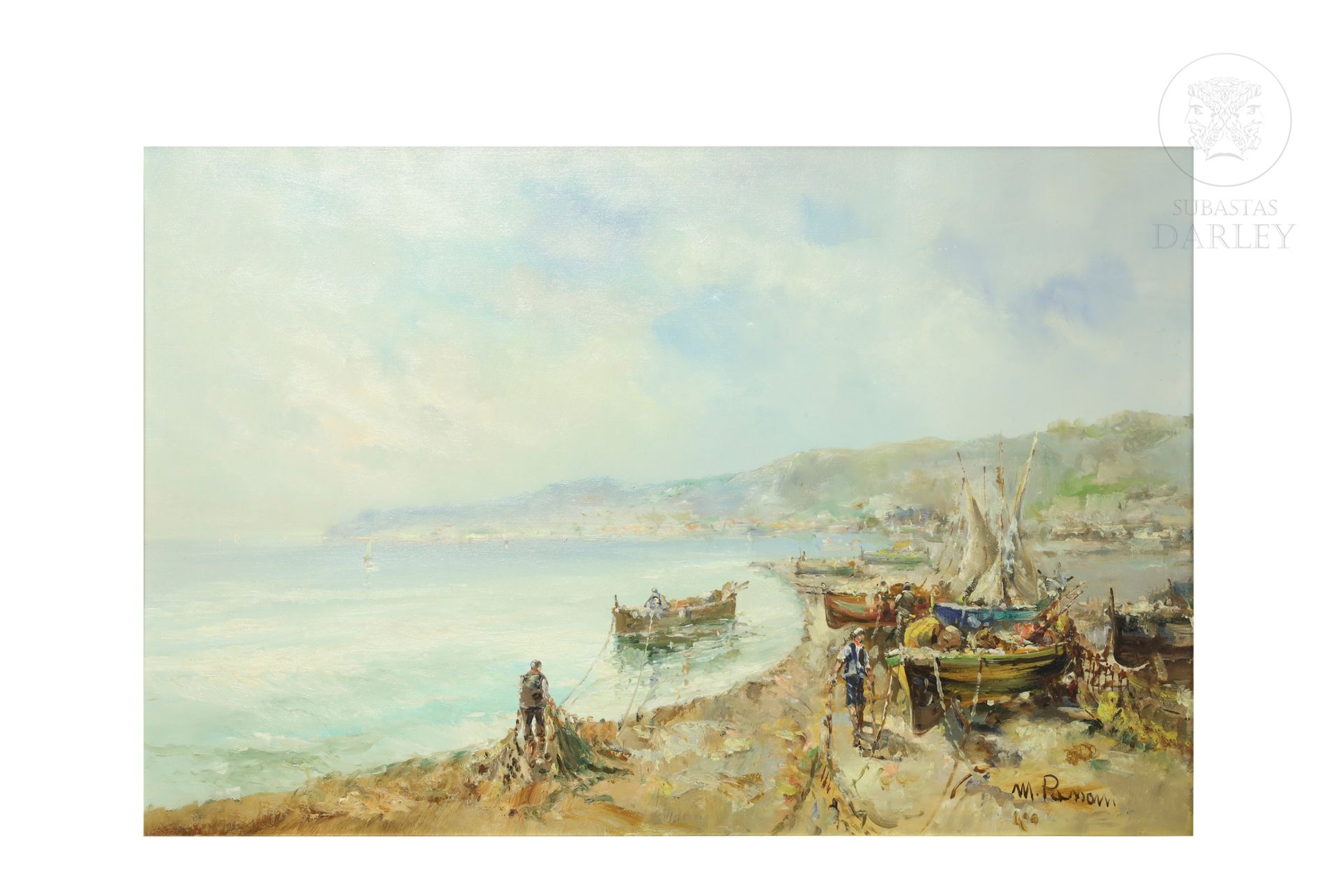 Mario Passoni (1929) "Playa con barcas" 
Huile sur toile. Signée "M. Passoni" en&hellip;