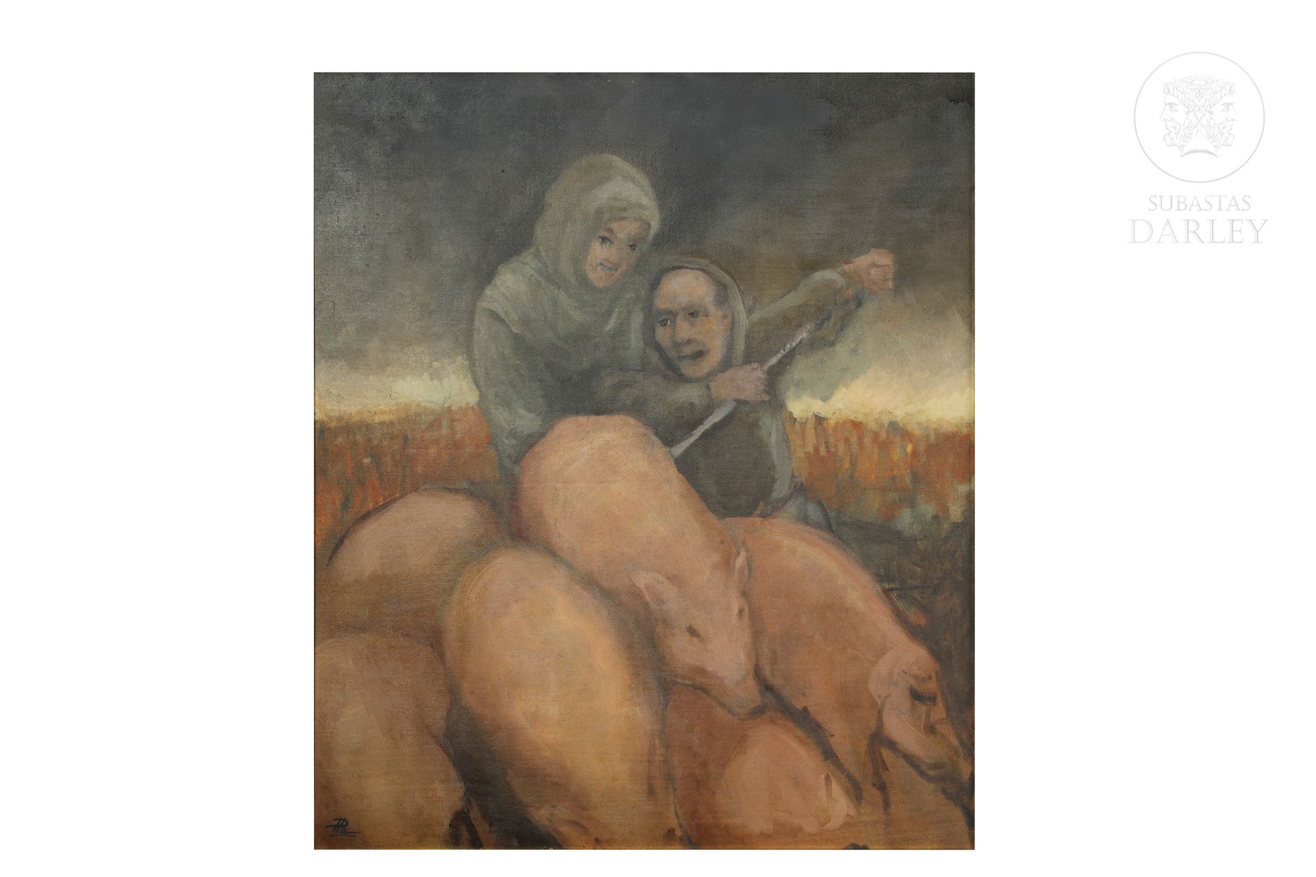 F. Pla (S.XX) "Dos pastoras" 
布面油画。右角有签名 "Pla"。 


尺寸：70,50 x 60,50厘米；带框架的尺寸：84 &hellip;